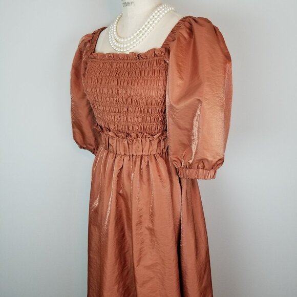 Moon River Copper A Line Midi Dress Smocked Bodice Puff Sleeves Medium NEWw/Tags - Picture 4 of 10